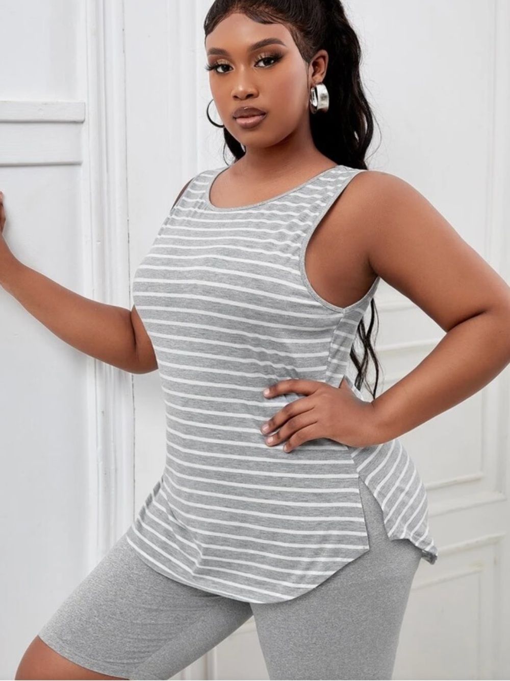 SHEIN Striped Sleeveless Tank Top & Biker Shorts Set